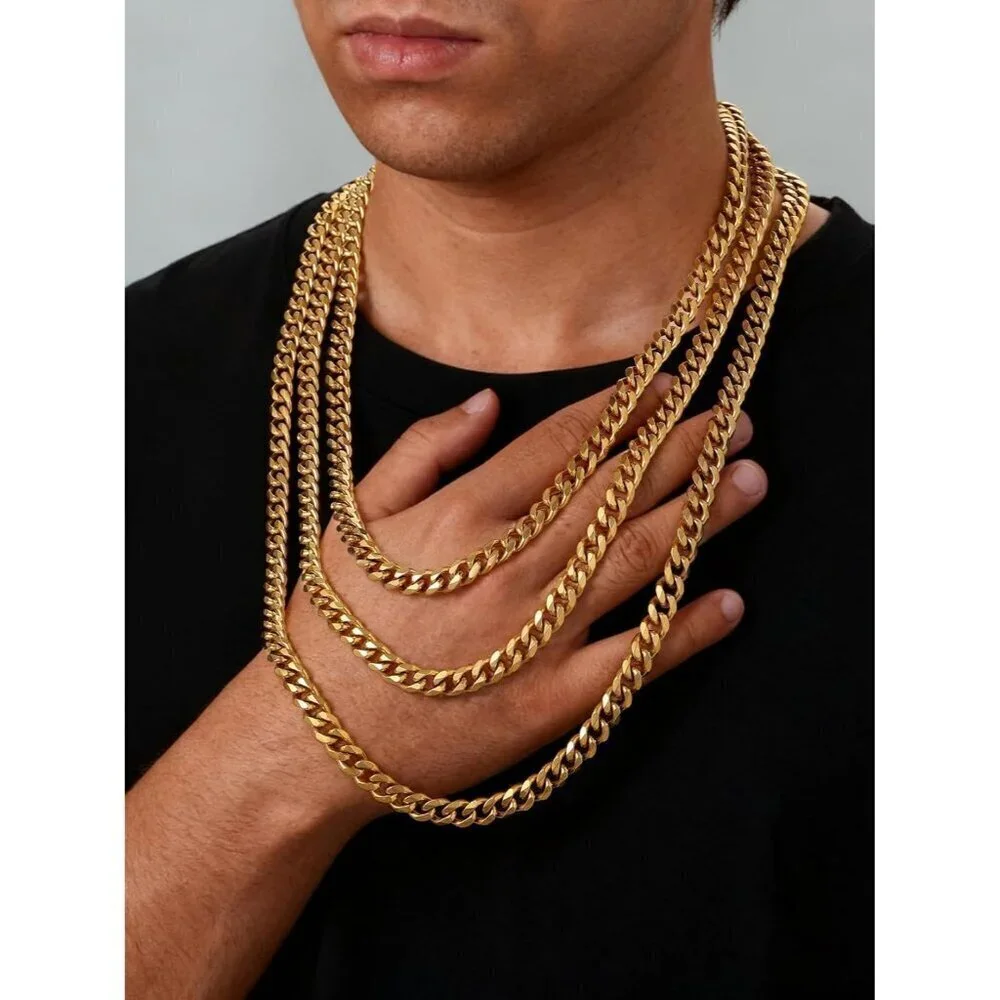 Men's 9MM Width-Gold Stainless Steel Miami Cuban Curb Link Chain Necklace